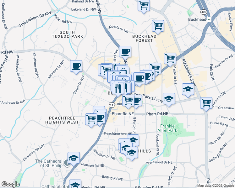 map of restaurants, bars, coffee shops, grocery stores, and more near 3242 Peachtree Road Northwest in Atlanta