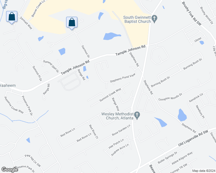 map of restaurants, bars, coffee shops, grocery stores, and more near 3570 Stephens Creek Place in Loganville