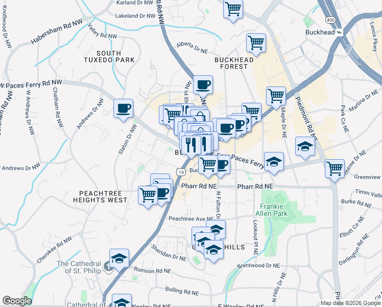 map of restaurants, bars, coffee shops, grocery stores, and more near 3242 Peachtree Road Northwest in Atlanta