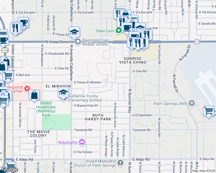 map of restaurants, bars, coffee shops, grocery stores, and more near 1261 Linda Vista Road in Palm Springs