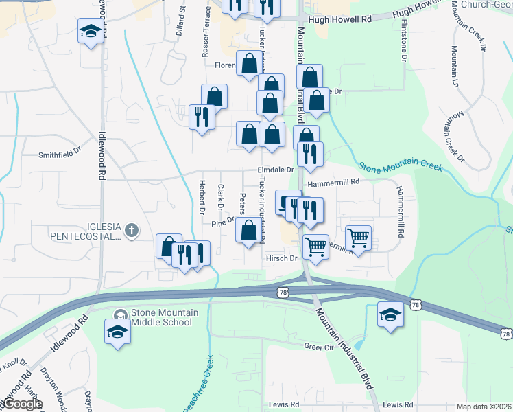 map of restaurants, bars, coffee shops, grocery stores, and more near 1924 Tucker Industrial Road in Tucker