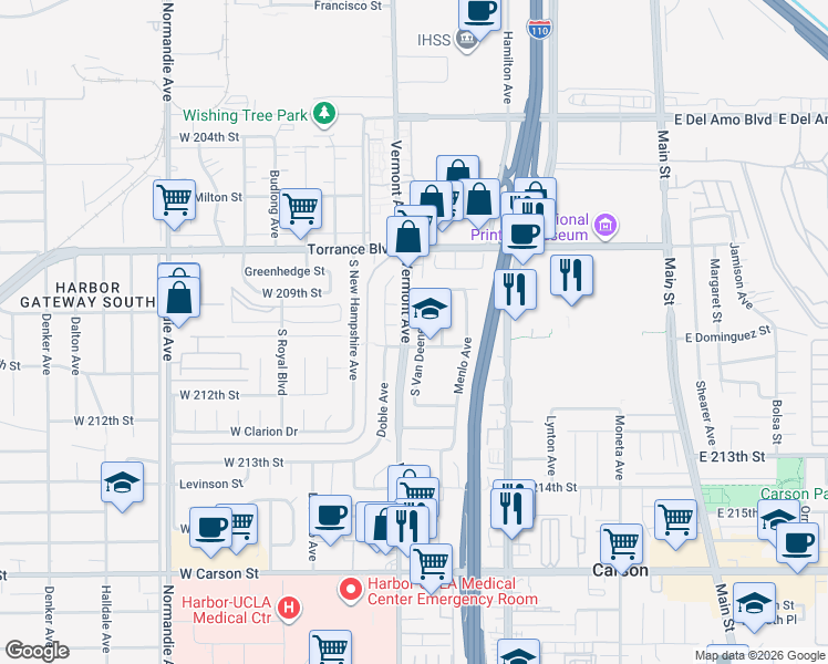 map of restaurants, bars, coffee shops, grocery stores, and more near 20951 South Van Deene Avenue in Torrance