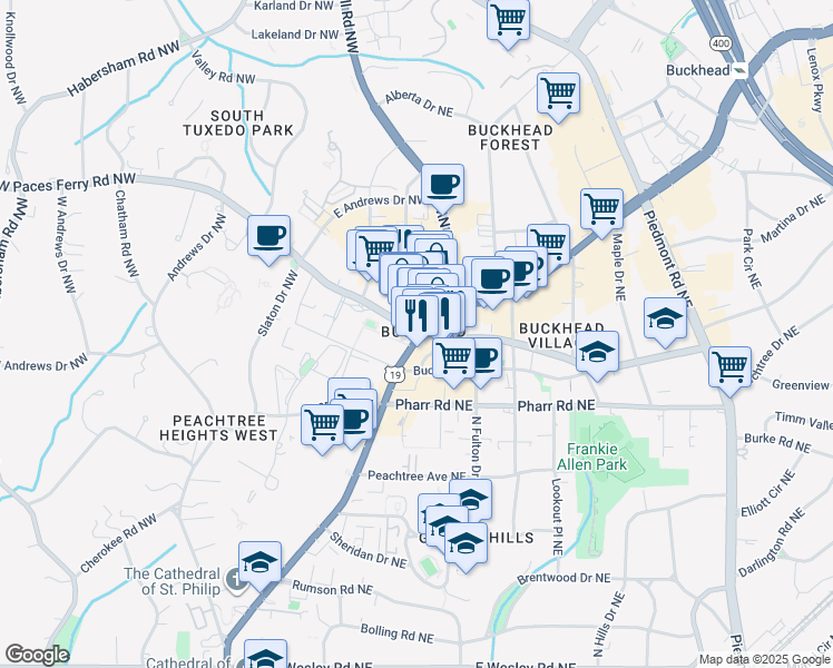 map of restaurants, bars, coffee shops, grocery stores, and more near 3280 Peachtree Road Northeast in Atlanta