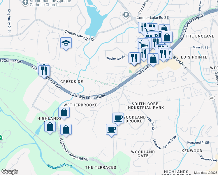 map of restaurants, bars, coffee shops, grocery stores, and more near 4710 Camp Highland Road in Smyrna