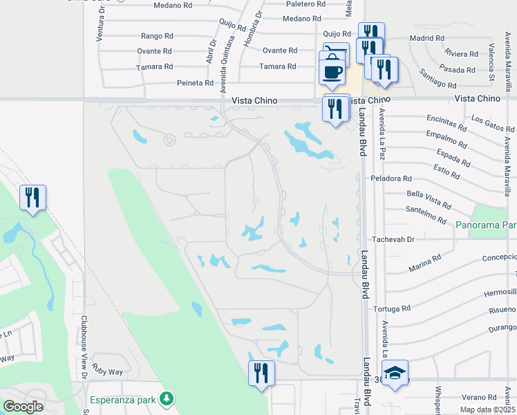 map of restaurants, bars, coffee shops, grocery stores, and more near 28600 Taos Court in Cathedral City