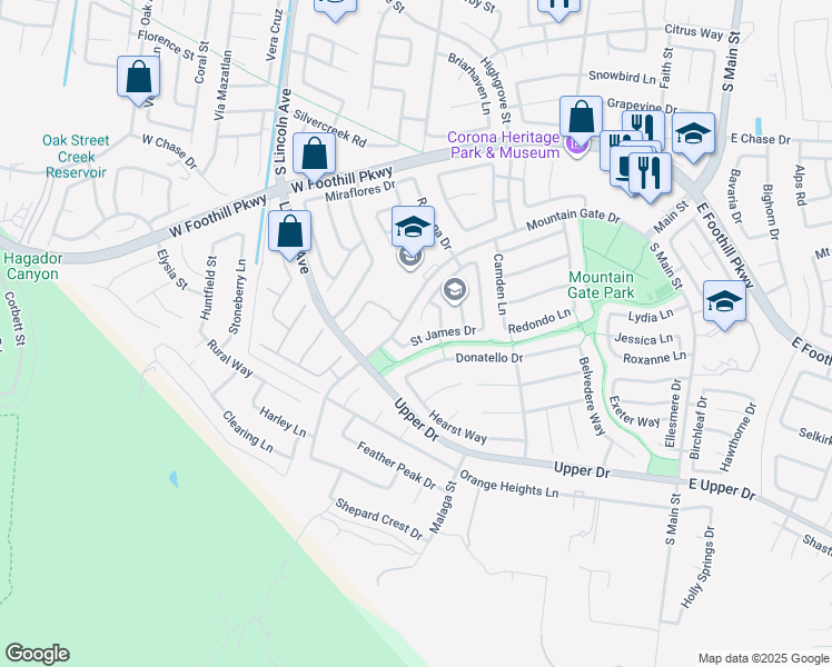 map of restaurants, bars, coffee shops, grocery stores, and more near 845 Saint James Drive in Corona