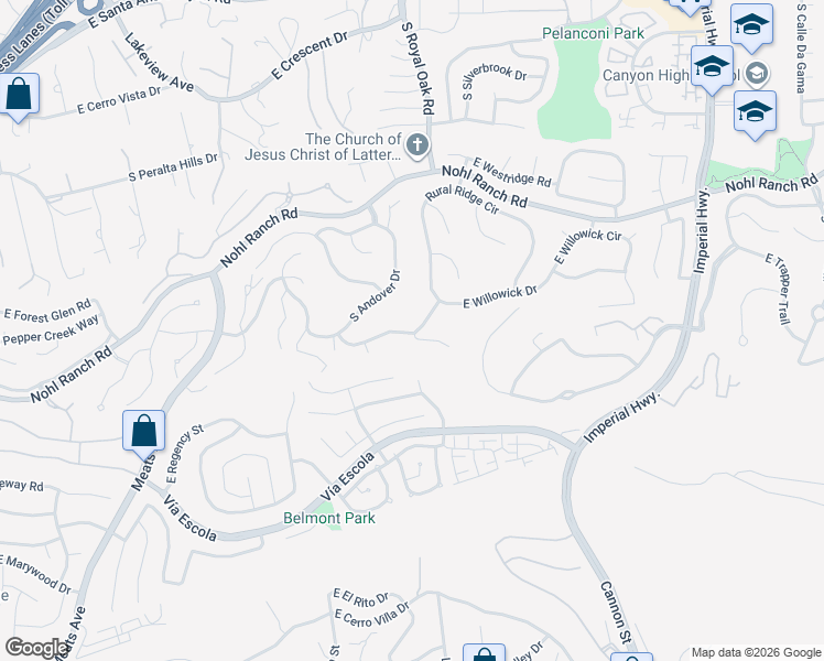 map of restaurants, bars, coffee shops, grocery stores, and more near 5291 East Nantucket Lane in Anaheim