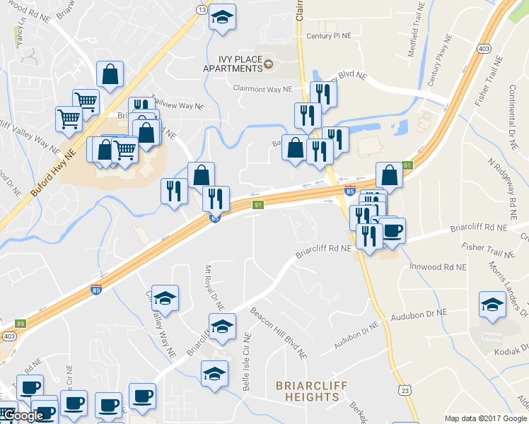 map of restaurants, bars, coffee shops, grocery stores, and more near 1734 Summit Glen Lane Northeast in Atlanta