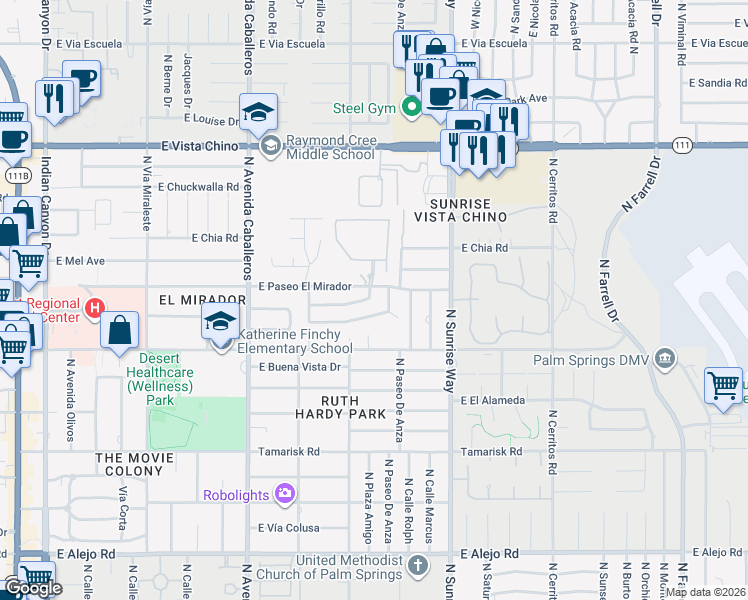 map of restaurants, bars, coffee shops, grocery stores, and more near 1190 East Paseo El Mirador in Palm Springs