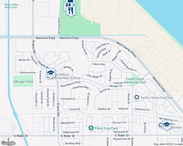 map of restaurants, bars, coffee shops, grocery stores, and more near 1261 Abbey Pines Drive in Perris