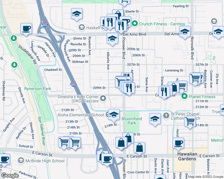 map of restaurants, bars, coffee shops, grocery stores, and more near 11737 209th Street in Lakewood