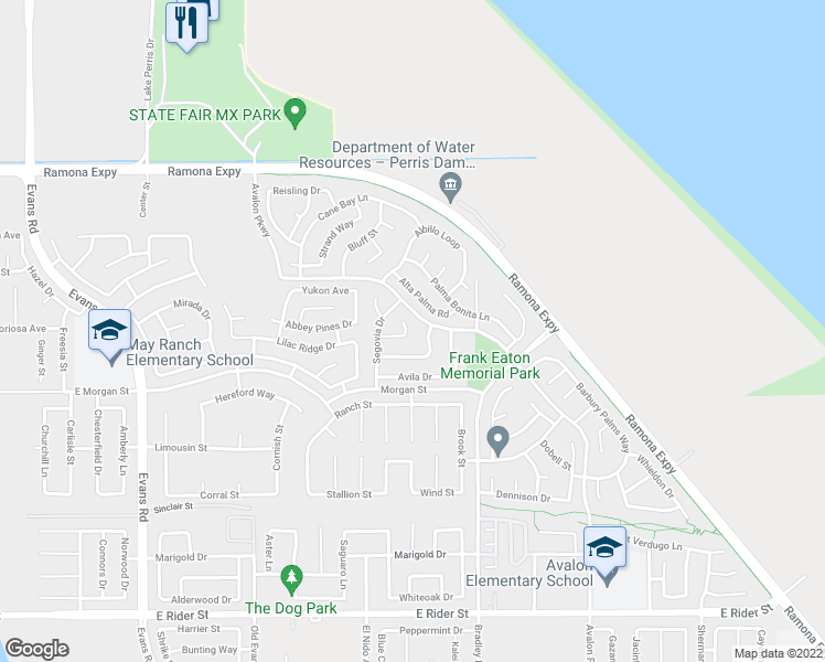 map of restaurants, bars, coffee shops, grocery stores, and more near 3693 Andulucia Place in Perris