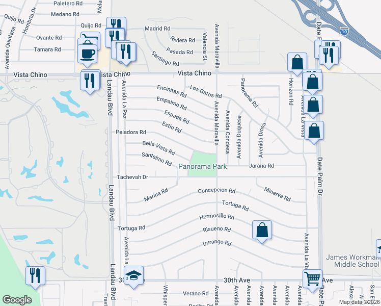 map of restaurants, bars, coffee shops, grocery stores, and more near 68380 Peladora Road in Cathedral City