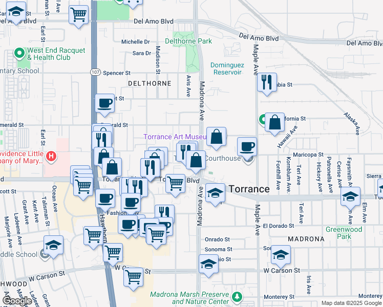 map of restaurants, bars, coffee shops, grocery stores, and more near 3422 Maricopa Street in Torrance