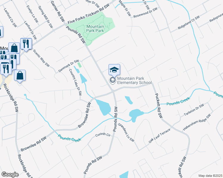map of restaurants, bars, coffee shops, grocery stores, and more near 1500 Pounds Road Southwest in Lilburn