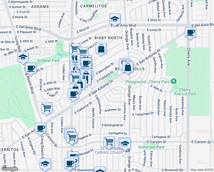 map of restaurants, bars, coffee shops, grocery stores, and more near 1050 East San Antonio Drive in Long Beach