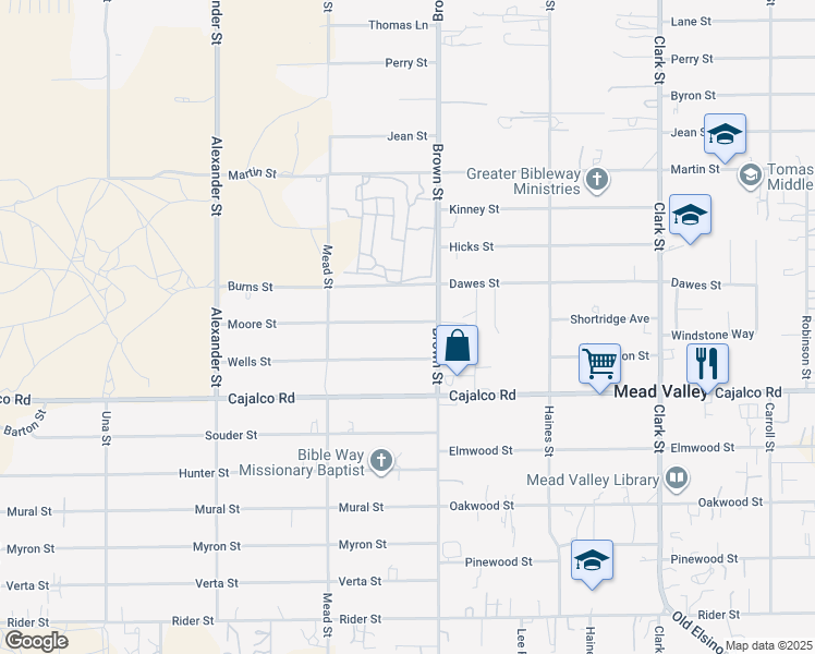 map of restaurants, bars, coffee shops, grocery stores, and more near Moore Street in Mead Valley