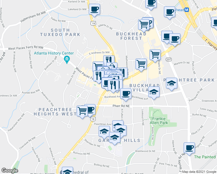 map of restaurants, bars, coffee shops, grocery stores, and more near Peachtree Rd & E Paces Ferry Rd NE in Atlanta