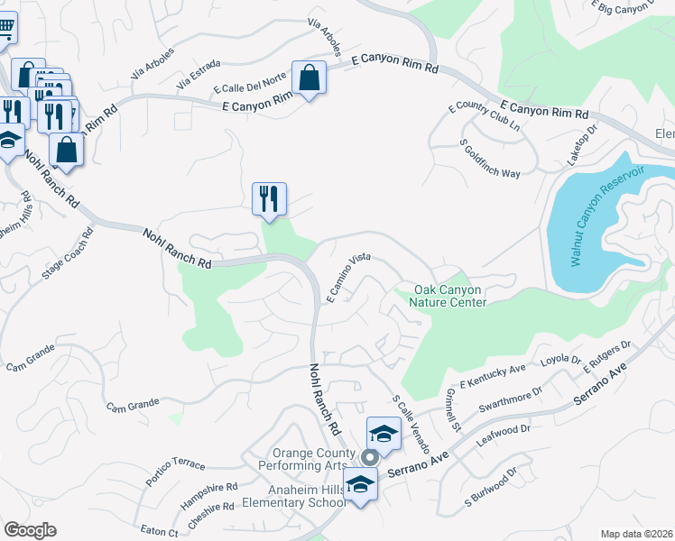 map of restaurants, bars, coffee shops, grocery stores, and more near 720 Paseo Cumbre in Anaheim