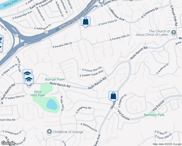 map of restaurants, bars, coffee shops, grocery stores, and more near 4465 East Forest Glen Road in Anaheim