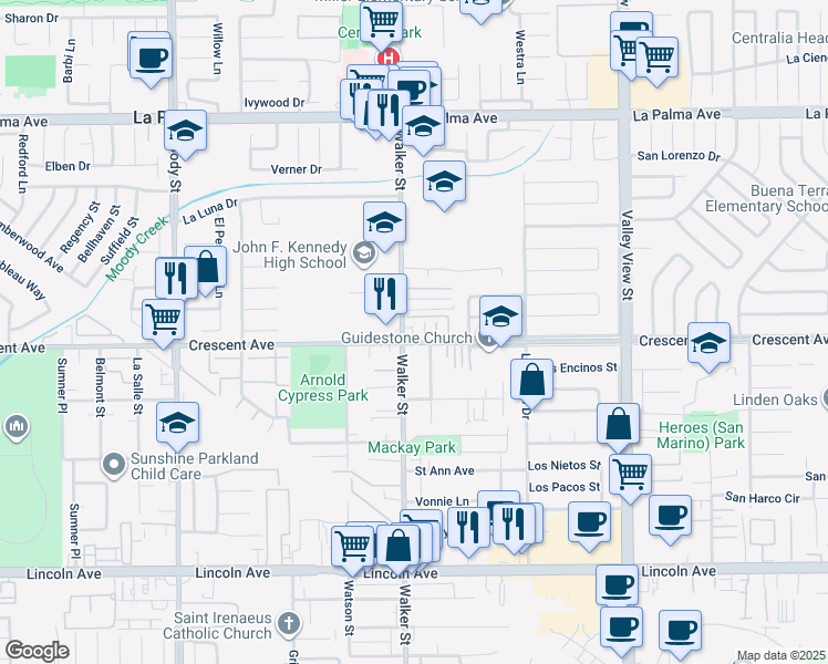 map of restaurants, bars, coffee shops, grocery stores, and more near 8410 Walker Street in La Palma
