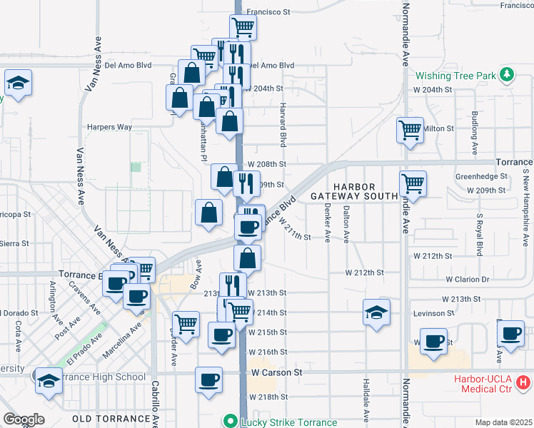 map of restaurants, bars, coffee shops, grocery stores, and more near 1634 West 209th Street in Torrance