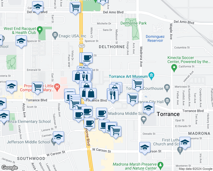 map of restaurants, bars, coffee shops, grocery stores, and more near 20917 Amie Avenue in Torrance