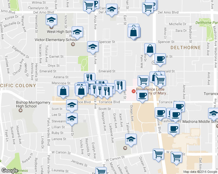 map of restaurants, bars, coffee shops, grocery stores, and more near 4472 Emerald Street in Torrance