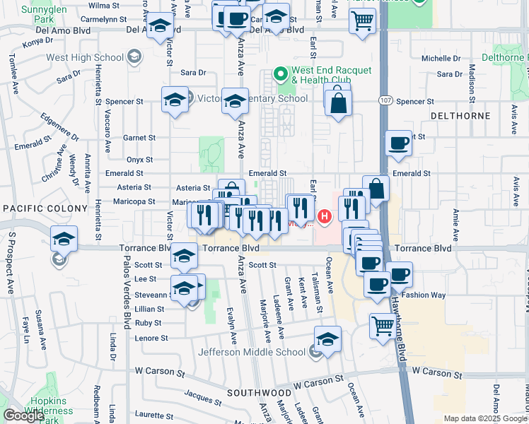 map of restaurants, bars, coffee shops, grocery stores, and more near 4472 Emerald Street in Torrance