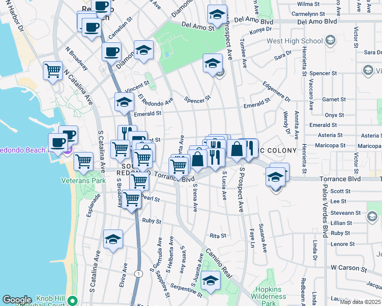 map of restaurants, bars, coffee shops, grocery stores, and more near 208 South Irena Avenue in Redondo Beach