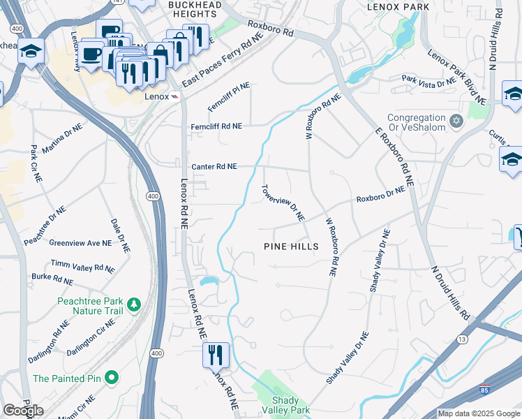 map of restaurants, bars, coffee shops, grocery stores, and more near 1053 Crane Road Northeast in Atlanta