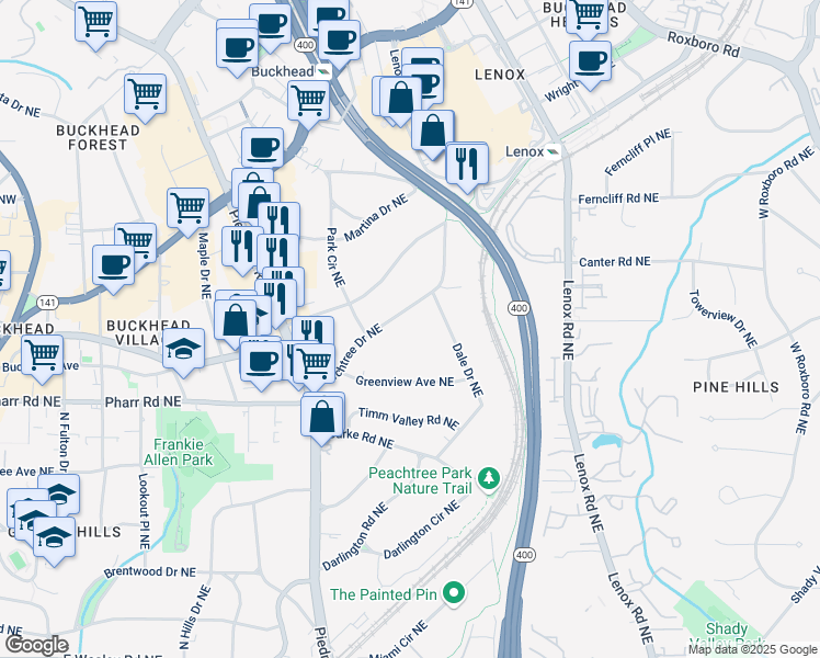 map of restaurants, bars, coffee shops, grocery stores, and more near 3115 Peachtree Drive Northeast in Atlanta
