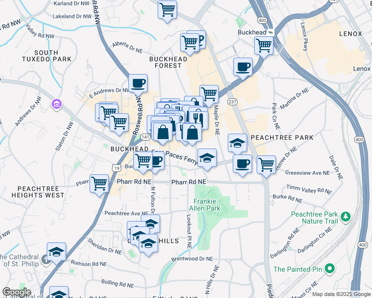 map of restaurants, bars, coffee shops, grocery stores, and more near 374 East Paces Ferry Road Northeast in Atlanta