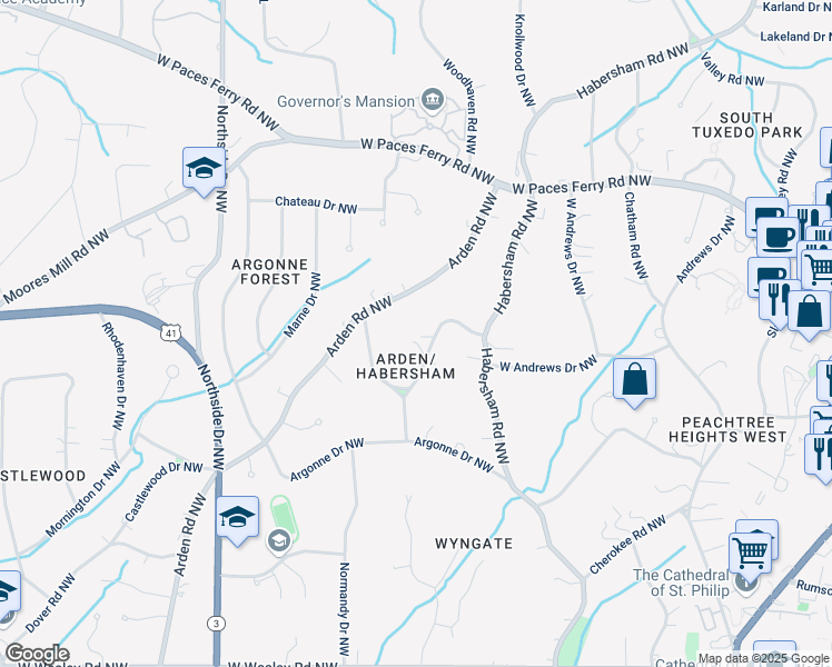 map of restaurants, bars, coffee shops, grocery stores, and more near 3086 East Pine Valley Road Northwest in Atlanta