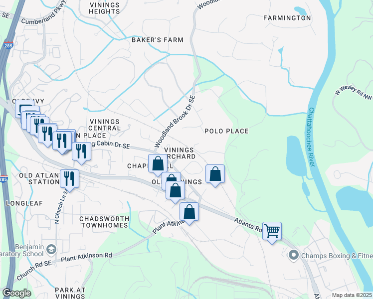 map of restaurants, bars, coffee shops, grocery stores, and more near 2750 Vinings Orchard Circle Southeast in Atlanta