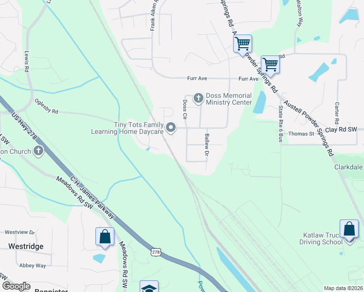 map of restaurants, bars, coffee shops, grocery stores, and more near 4611 Chargrey Station Southwest in Powder Springs
