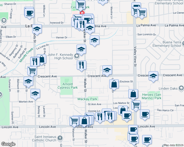 map of restaurants, bars, coffee shops, grocery stores, and more near 5581 Crescent Avenue in Cypress