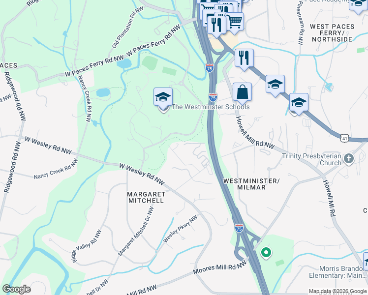 map of restaurants, bars, coffee shops, grocery stores, and more near 3050 Margaret Mitchell Drive Northwest in Atlanta
