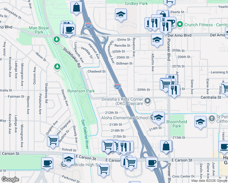 map of restaurants, bars, coffee shops, grocery stores, and more near San Gabriel River Freeway in Lakewood