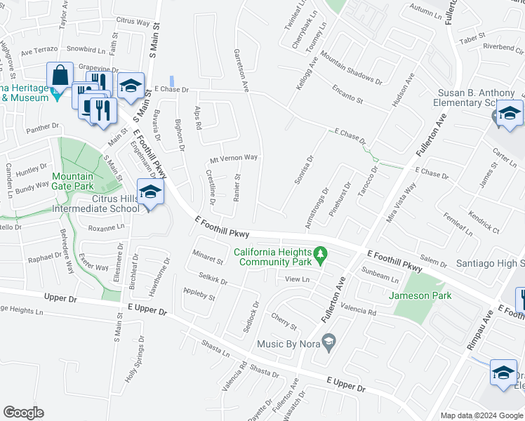 map of restaurants, bars, coffee shops, grocery stores, and more near 3225 Garretson Circle in Corona