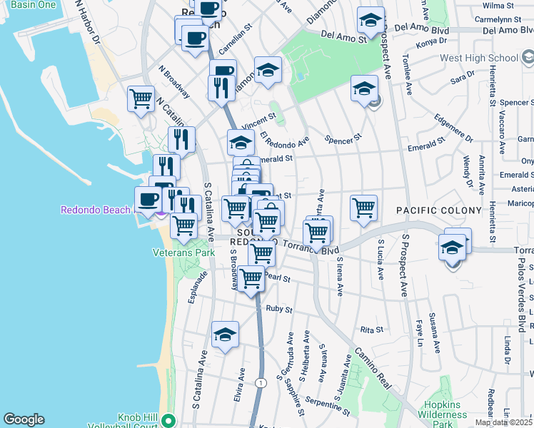 map of restaurants, bars, coffee shops, grocery stores, and more near 201 Camino Real in Redondo Beach