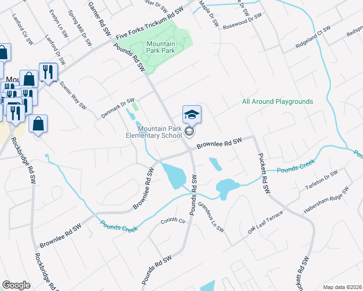 map of restaurants, bars, coffee shops, grocery stores, and more near 1505 Pounds Road Southwest in Lilburn