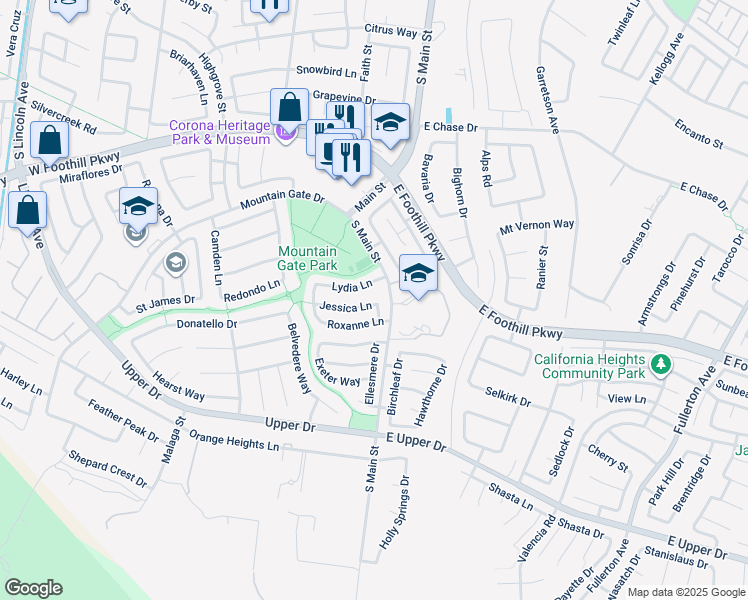 map of restaurants, bars, coffee shops, grocery stores, and more near 127 Jessica Lane in Corona
