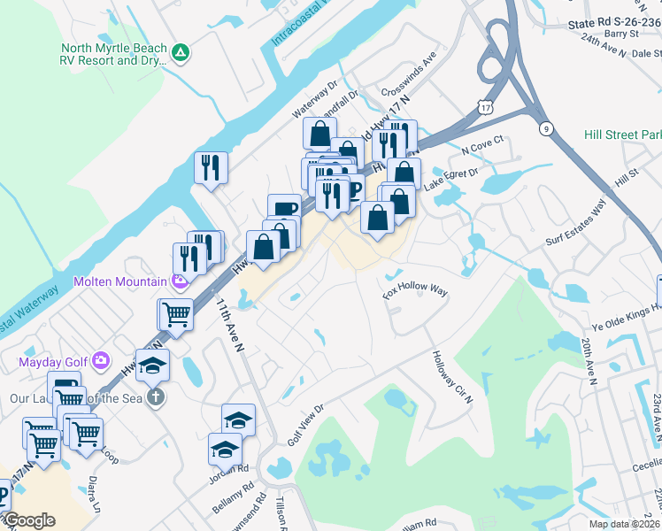 map of restaurants, bars, coffee shops, grocery stores, and more near 14 Shadow Moss Place in North Myrtle Beach