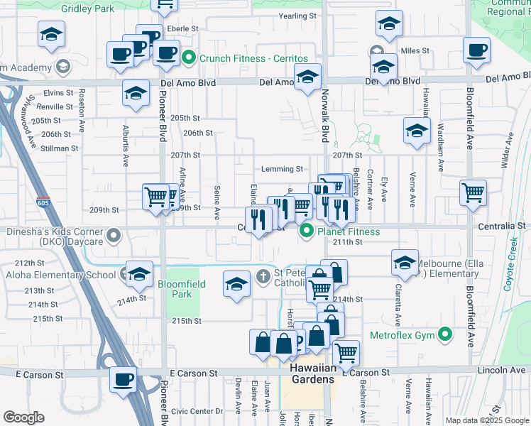 map of restaurants, bars, coffee shops, grocery stores, and more near 20834 Florcraft Avenue in Lakewood