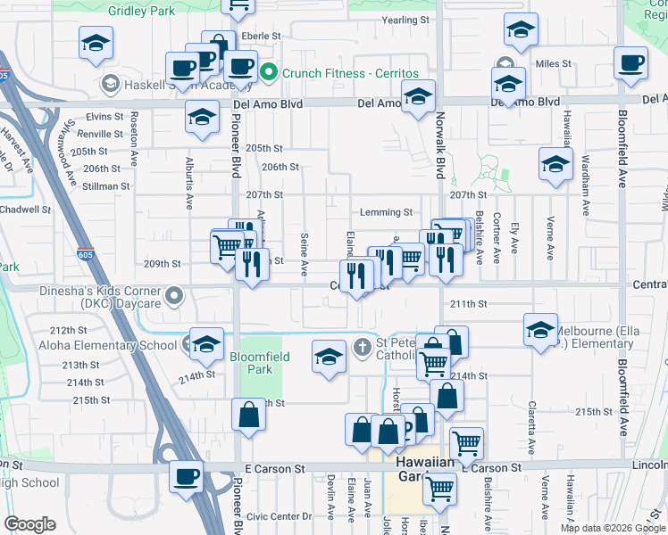 map of restaurants, bars, coffee shops, grocery stores, and more near 11945 209th Street in Lakewood