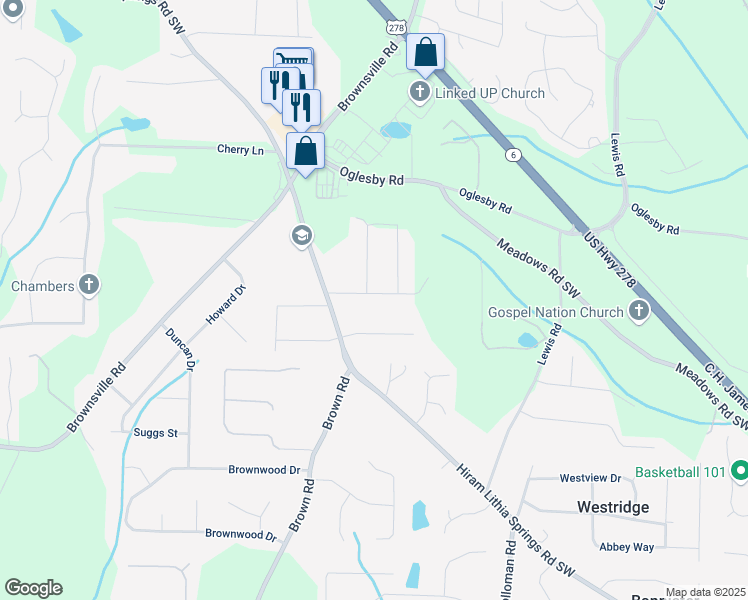 map of restaurants, bars, coffee shops, grocery stores, and more near 4703 Whittier Place in Powder Springs