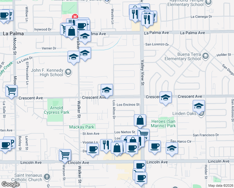 map of restaurants, bars, coffee shops, grocery stores, and more near in Buena Park