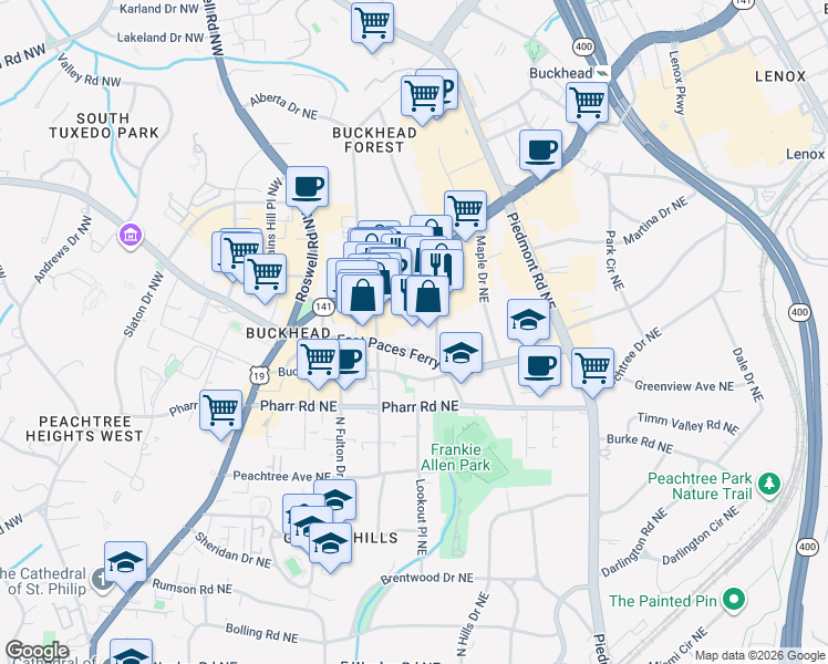 map of restaurants, bars, coffee shops, grocery stores, and more near 374 East Paces Ferry Road Northeast in Atlanta