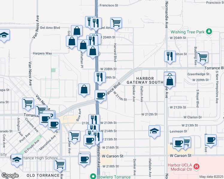 map of restaurants, bars, coffee shops, grocery stores, and more near Torrance Boulevard & West 211th Street in Torrance